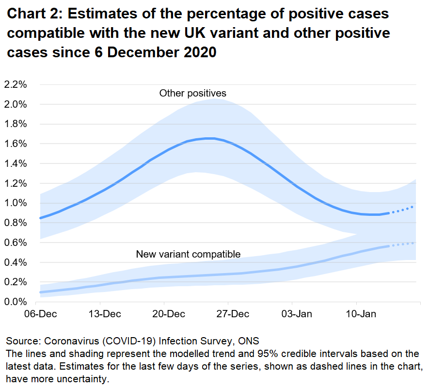 Chart showing estimates for the percentage of positive cases compatible with the new UK variant and other variants. Cases compatible with the new variant appear to have increased in recent weeks.