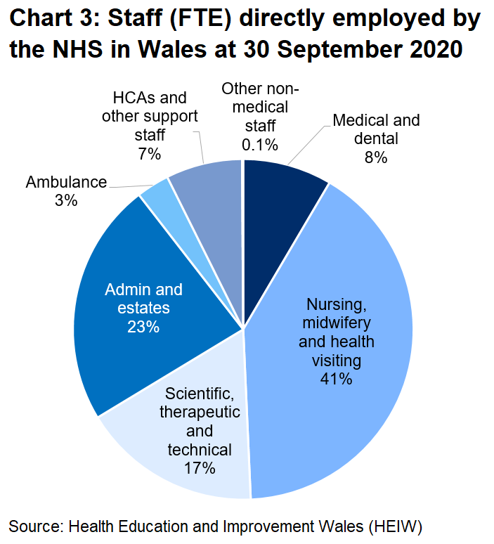 Pie chart showing the proportion of staff by staff group at 30 September 2020. The biggest group is the nursing, midwifery and health visiting group, making up 41% of the total.