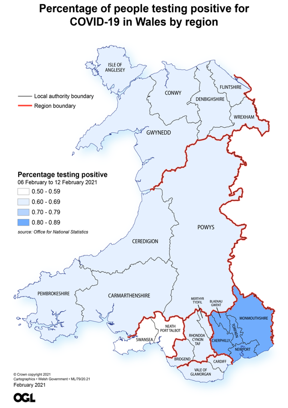 Figure showing the estimates of the percentage of the population in Wales testing positive for the coronavirus (COVID-19) by region 6 to 12 February 2021.