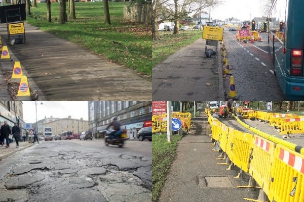 1. Photo of road signs on the public footway 2. Photo of temporary bus stop using signs and bollards on or in the road footwell 3. Photo of poor road surface 4. Photo of excavation works taking place next to the road narrowing the pavement