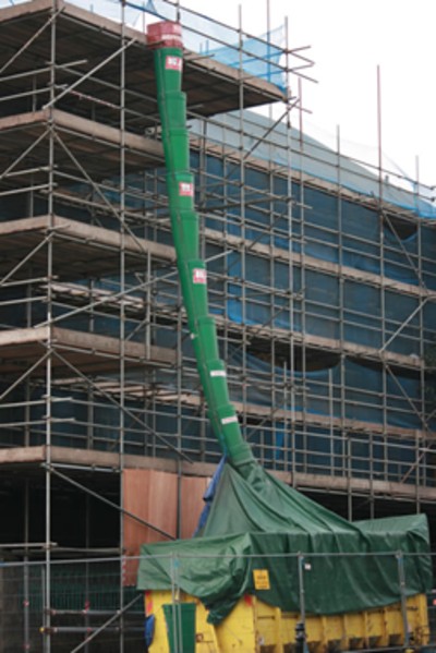 Photo of scaffolding and skip on pavement