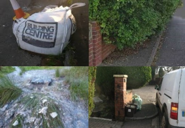 1. Photo of bag of sand on the roadside 2. Photo is of overhanging unkept bushes on the pavement 3. photo of discharge of water onto the public highway 4. Photo of residential pavement. There is rubbish on the pavement and a van parked up limiting the space for a mobility scooter, wheelchair or buggy to get past