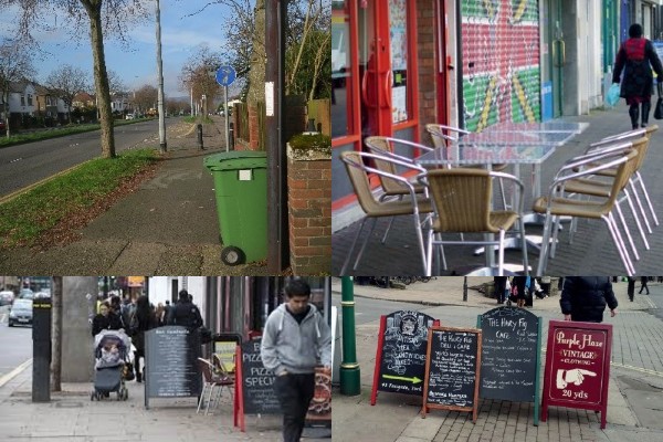 1. Photo of rubbish bin obstructing pavement 2. Photo of tables and chairs outside a cafe on public highway 3. Photo of sign cluttered footways 4. Photo of sign obstructing public footways