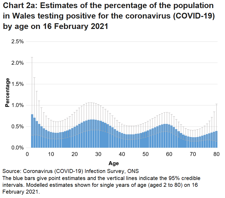 Chart showing the modelled estimates for the percentage of people testing positive for COVID-19 by single year of age on 16 February 2021. Rates of positive cases vary by age.