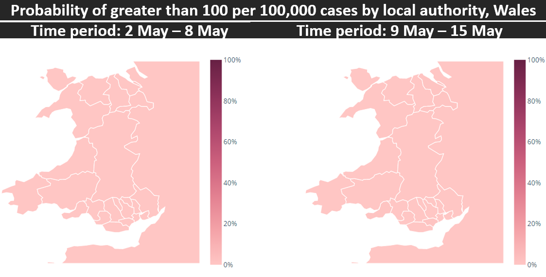 Probability of greater than 100 per 100,000 cases by local authority
