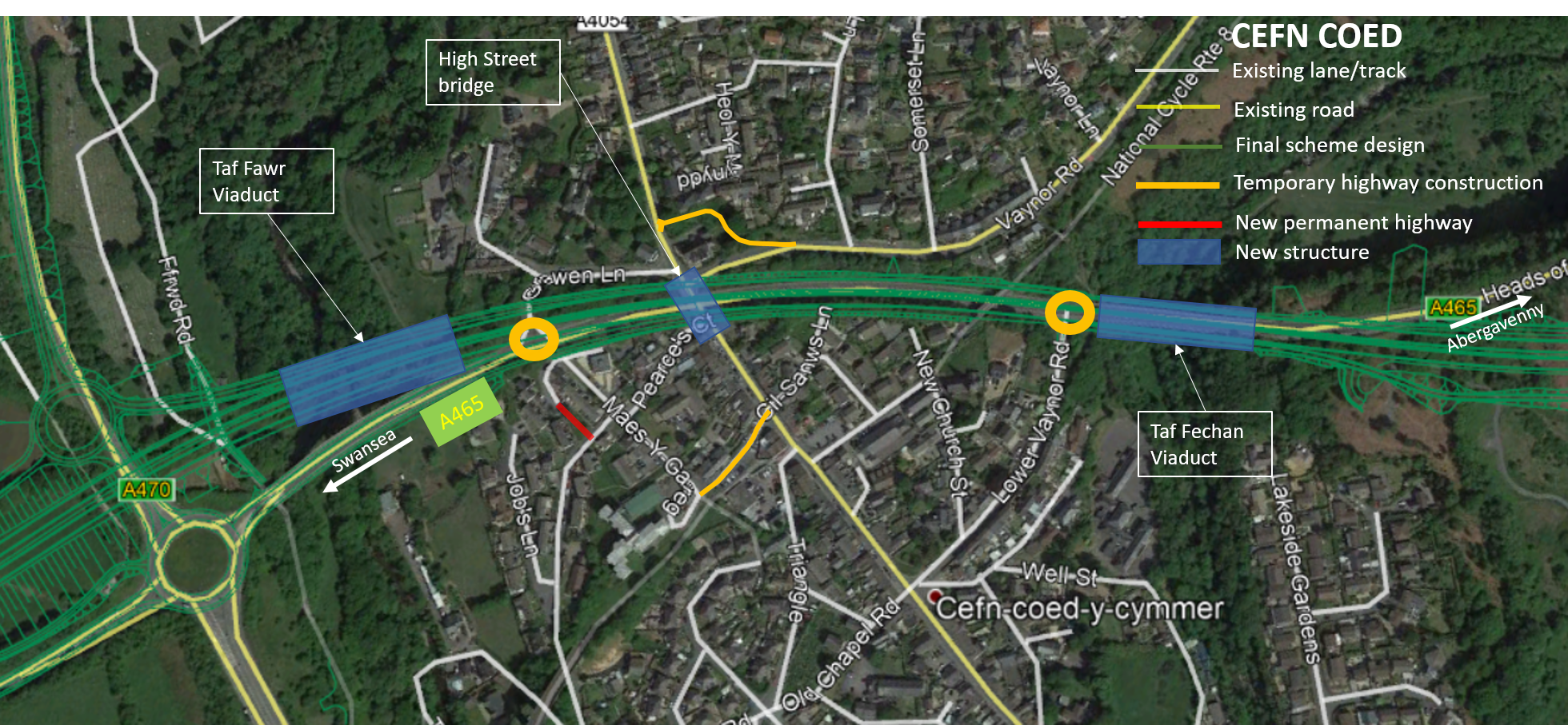 Satellite map showing changes to Cefn coed junction