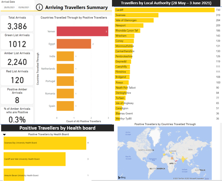 Charts showing a summary of arriving travellers