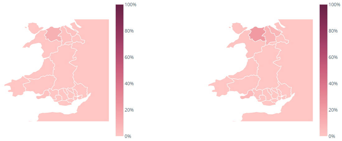 Map showing probability of greater than 100 per 100,000 cases by local authority