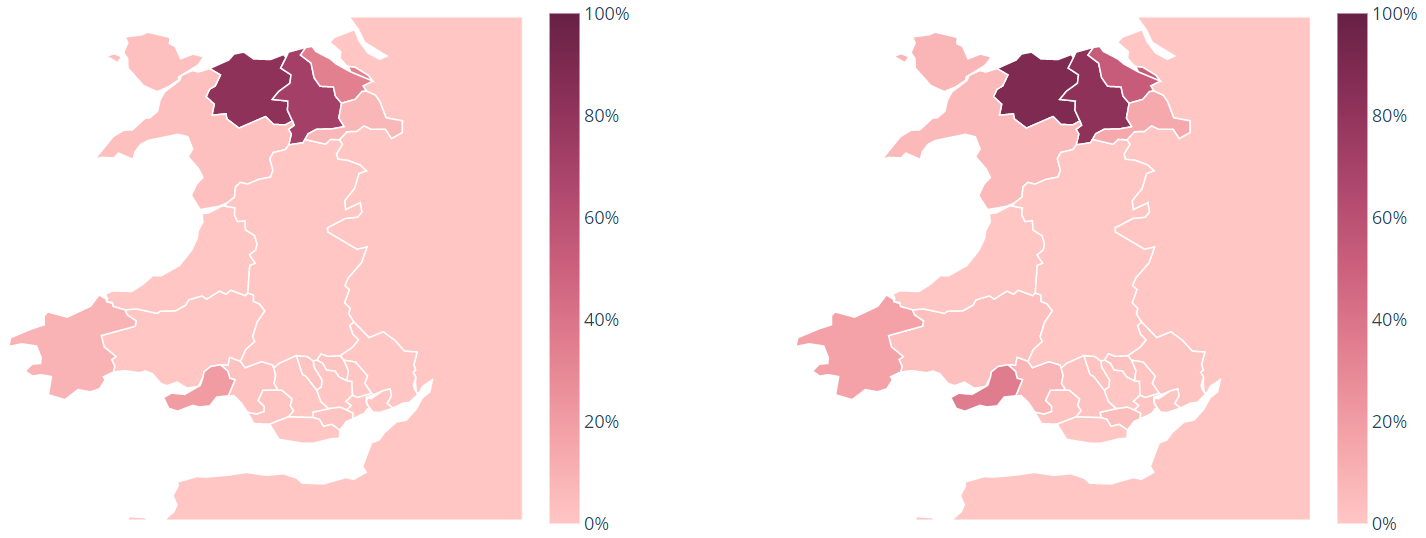 Map showing probability of greater than 100 per 100,000 cases by local authority