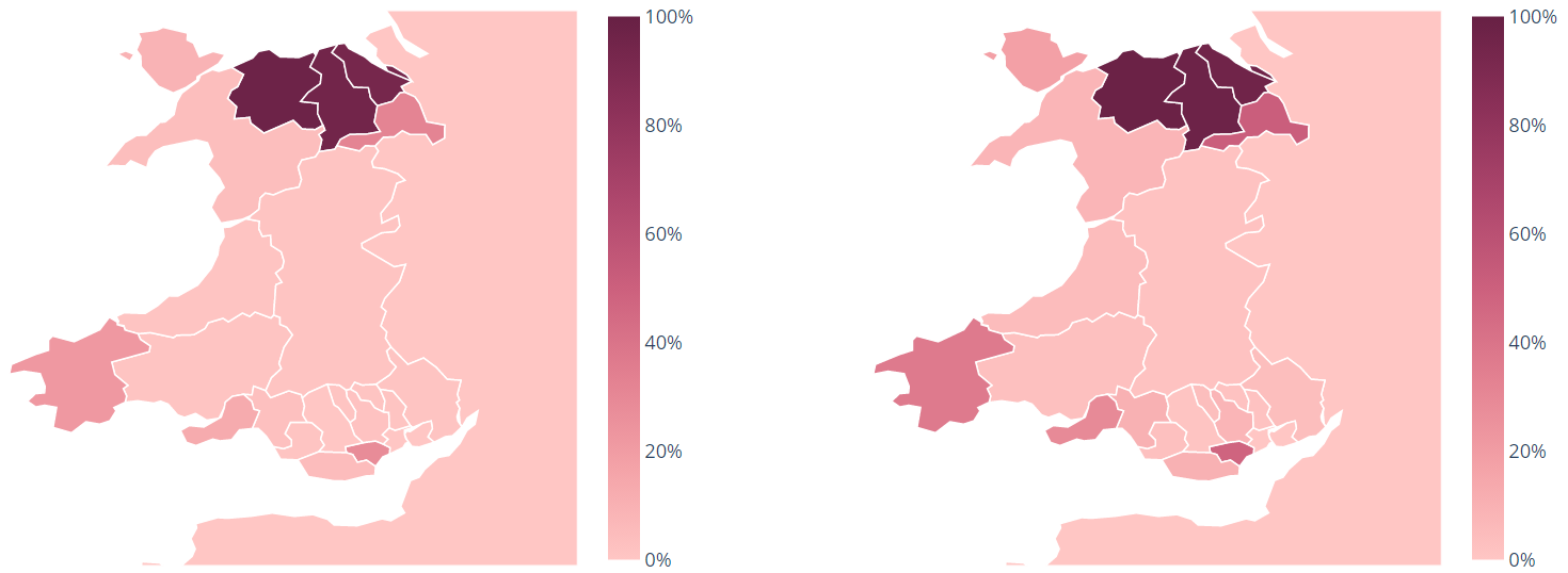 Map showing probability of greater than 100 per 100,000 cases by local authority