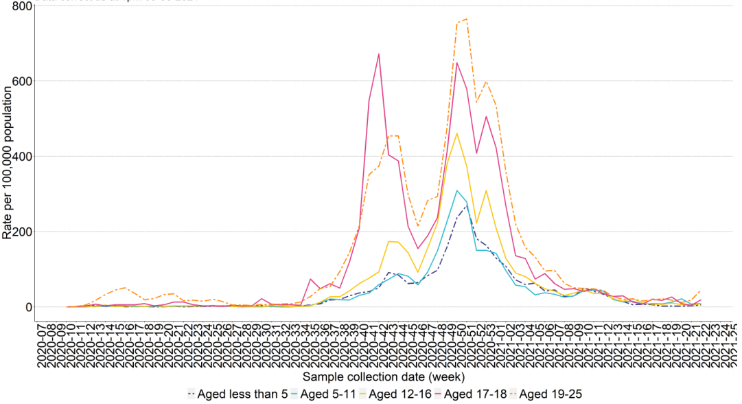 Chart showing weekly COVID-19 incidence for school age children