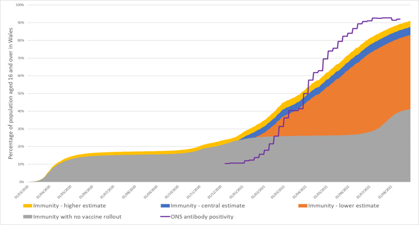 Graph showing immunity estimates and antibody status of individuals aged 16 and over