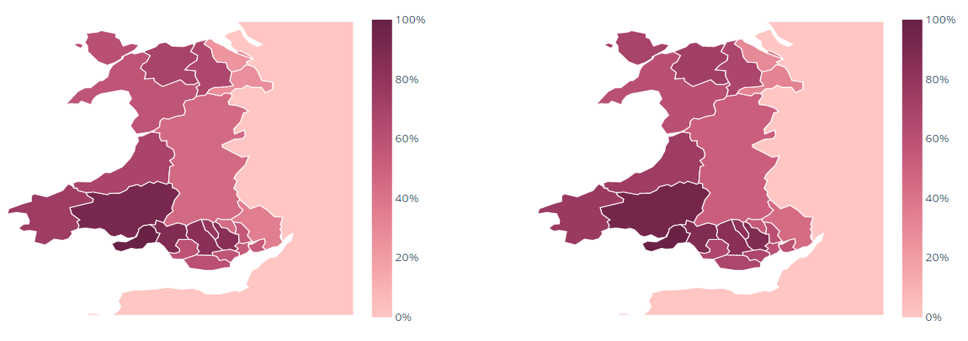 Graph showing probability of greater than 500 per 100,000 cases by local authority