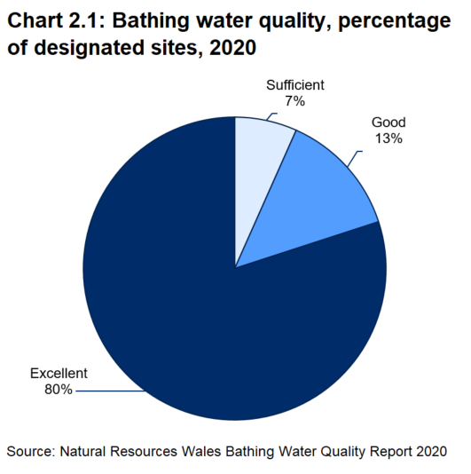 Pie chart showing that the vast majority (80%) of bathing waters in Wales were assessed as excellent in 2020.