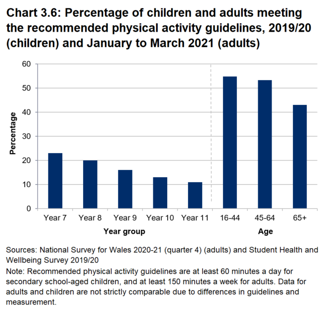 Bar chart showing percentage of children in year groups 7 to 11 meeting recommended physical activity guidelines and also percentage of adults meeting guidelines, broken down by age group. For adults and children the percentage decreases with age. 