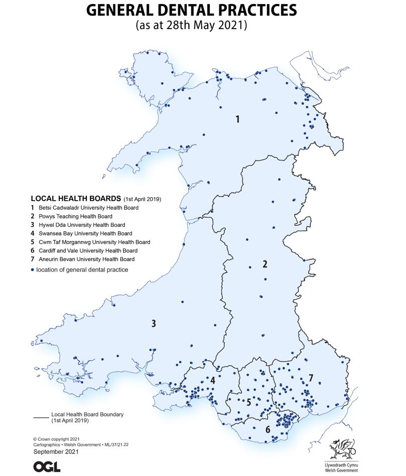 Map showing general dental practices by local health board as at 28 May 2021.