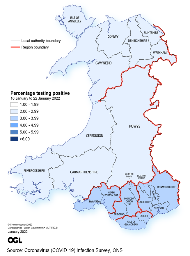 Figure showing the estimates of the percentage of the population in Wales testing positive for the coronavirus (COVID-19) by region between 16 and 22 January 2022.