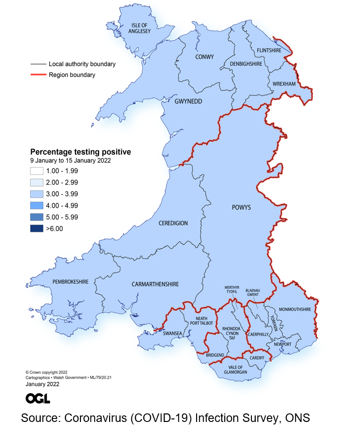 Figure showing the estimates of the percentage of the population in Wales testing positive for the coronavirus (COVID-19) by region between 31 December 2021 and 6 January 2022.