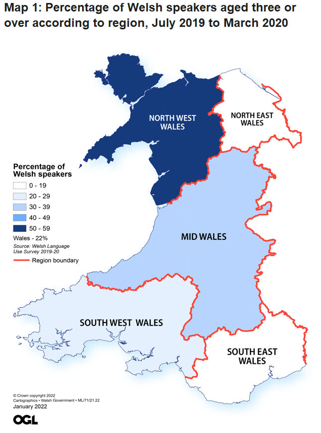 The map of Wales above shows that the percentage of Welsh speakers aged three or older varies by region showing the highest percentage in north-west Wales and the lowest in south-east Wales.