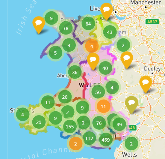 Map of Wales showing preferred remote working hub locations