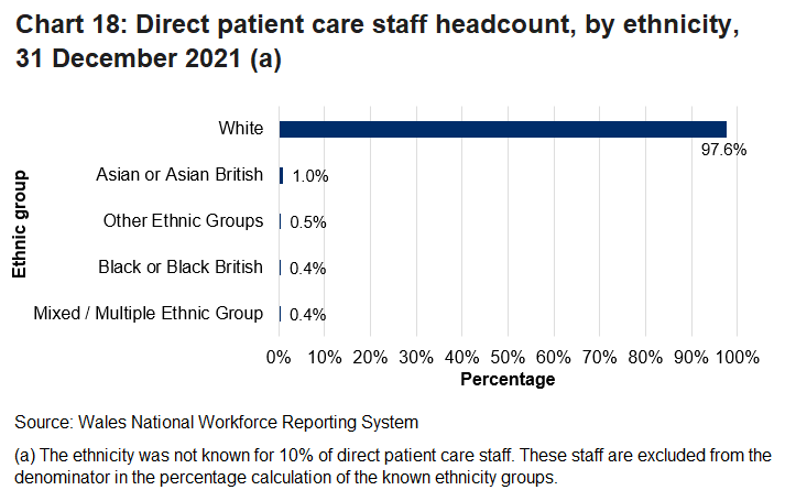 Nearly 98% of direct patient care staff were from a white ethnic background. Of those from a minority ethnic background, most were from an Asian or Asian British background (1.0%).
