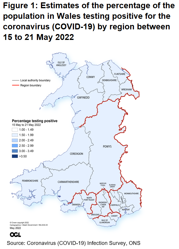 Figure showing the estimates of the percentage of the population in Wales testing positive for the coronavirus (COVID-19) by region between 15 and 21 May 2022.