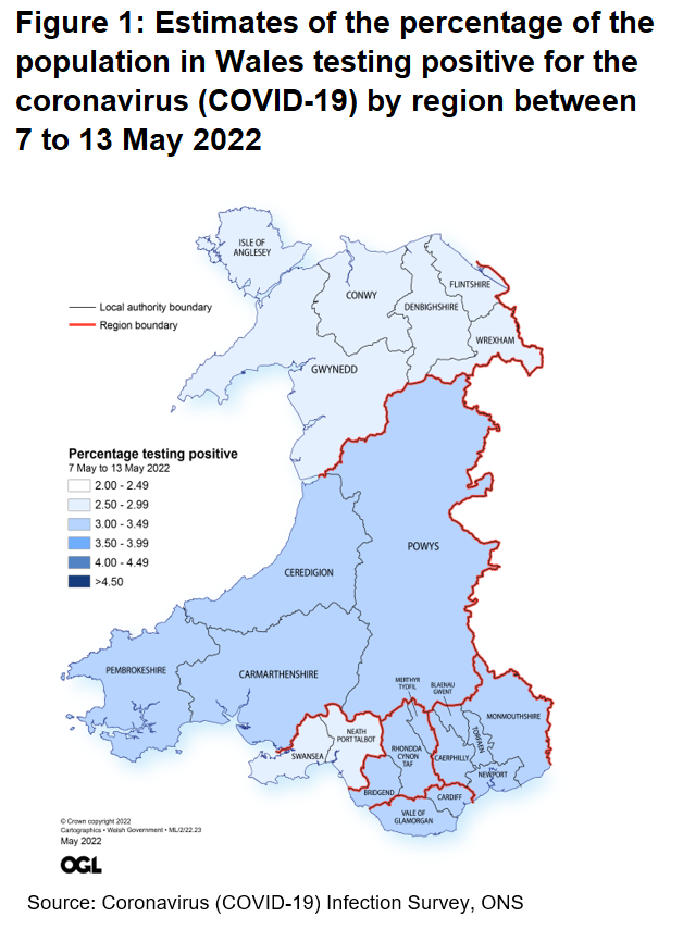 Figure showing the estimates of the percentage of the population in Wales testing positive for the coronavirus (COVID-19) by region between 7 and 13 May 2022.