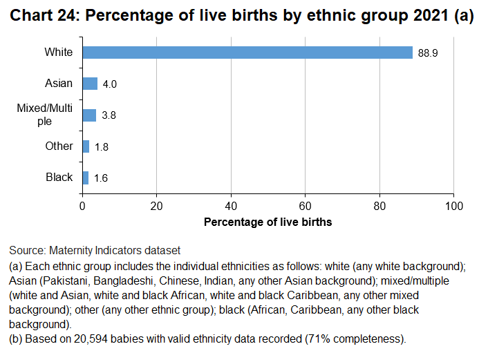 The large majority of births were from white ethnic background, followed by Asian, other, mixed and black.