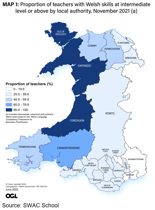 Map 1 shows Isle of Angelsey, Gwynedd and Ceredigion have the highest proportion of teachers with Welsh skills at intermediate level or above.