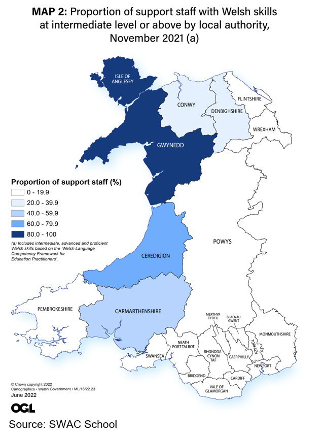 Map 2 shows Isle of Angelsey and Gwynedd have the highest proportion of support staff with Welsh skills at intermediate level or above.