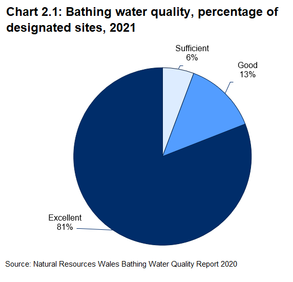 Pie chart showing that the vast majority (81%) of bathing waters in Wales were assessed as excellent in 2021.