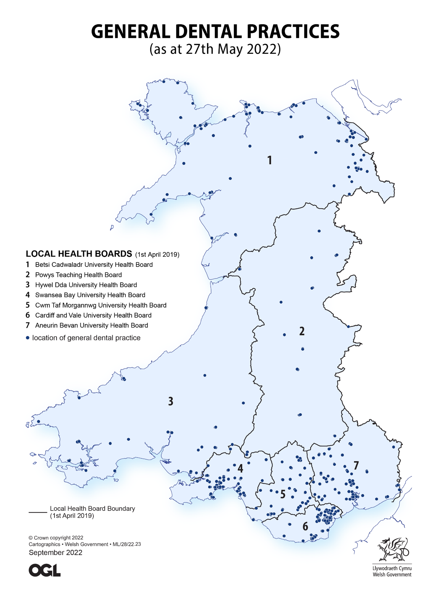 Map showing general dental practices by local health board at 27 May 2022.