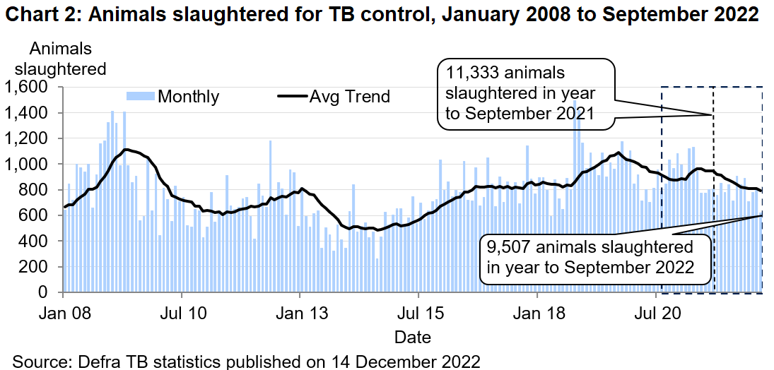 Chart showing the trend in animals slaughtered for TB control in Wales since 2008. There were 9507 animals slaughtered in the 12 months to September 2022, a decrease of 16.1% compared with the previous 12 months.