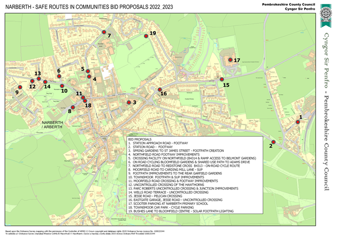 Map of Narbeth showing safe routes in communities grant bid proposals