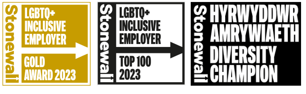 Logos: Stonewall LGBTQ+ Inclusive Employer Gold Award 2023, Stonewall LGBTQ+ Inclusive Employer Top 100 2023, Stonewall Diversity Champion