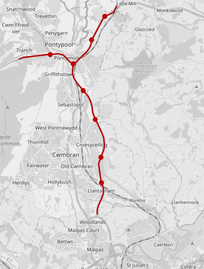 Map showing sections of A4042 and A472 that we plan to improve