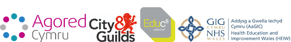Agored Cymru logo, City and Guilds logo, Educ8 logo and Health, Education and Improvement Wales logo