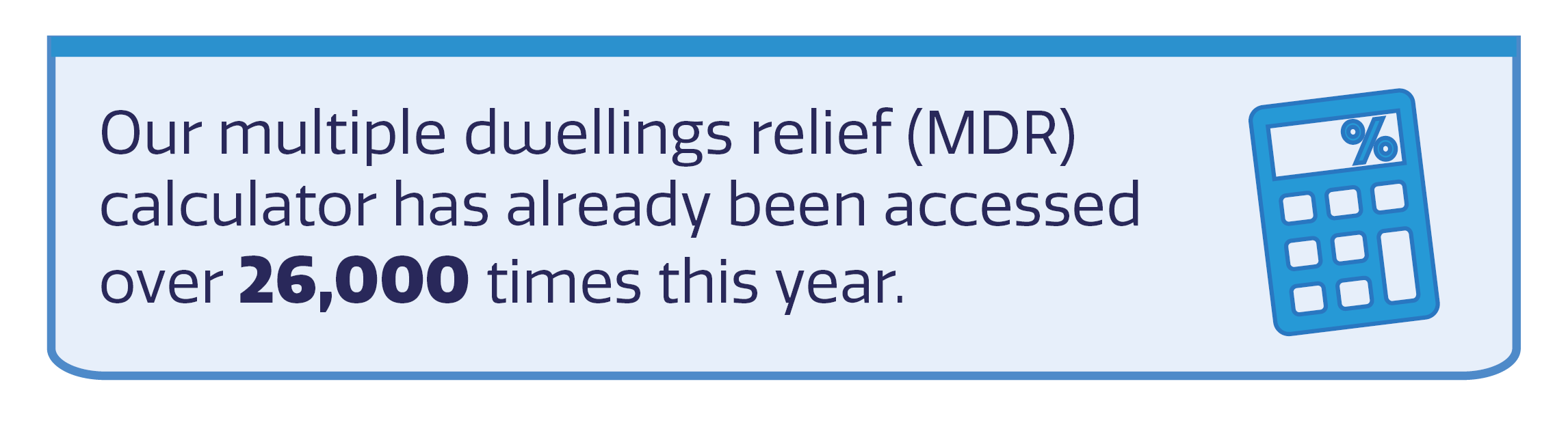 Blue calculator icon with text: 'Our multiple dwellings relief (MDR) calculator has already been accessed over 26,000 times this year.'