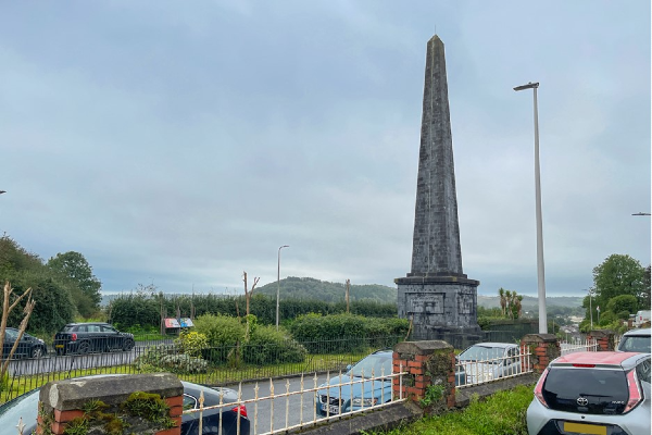 The Picton Monument, Carmarthen with new interpretation panels (lower left).  (Cadw, Crown Copyright).