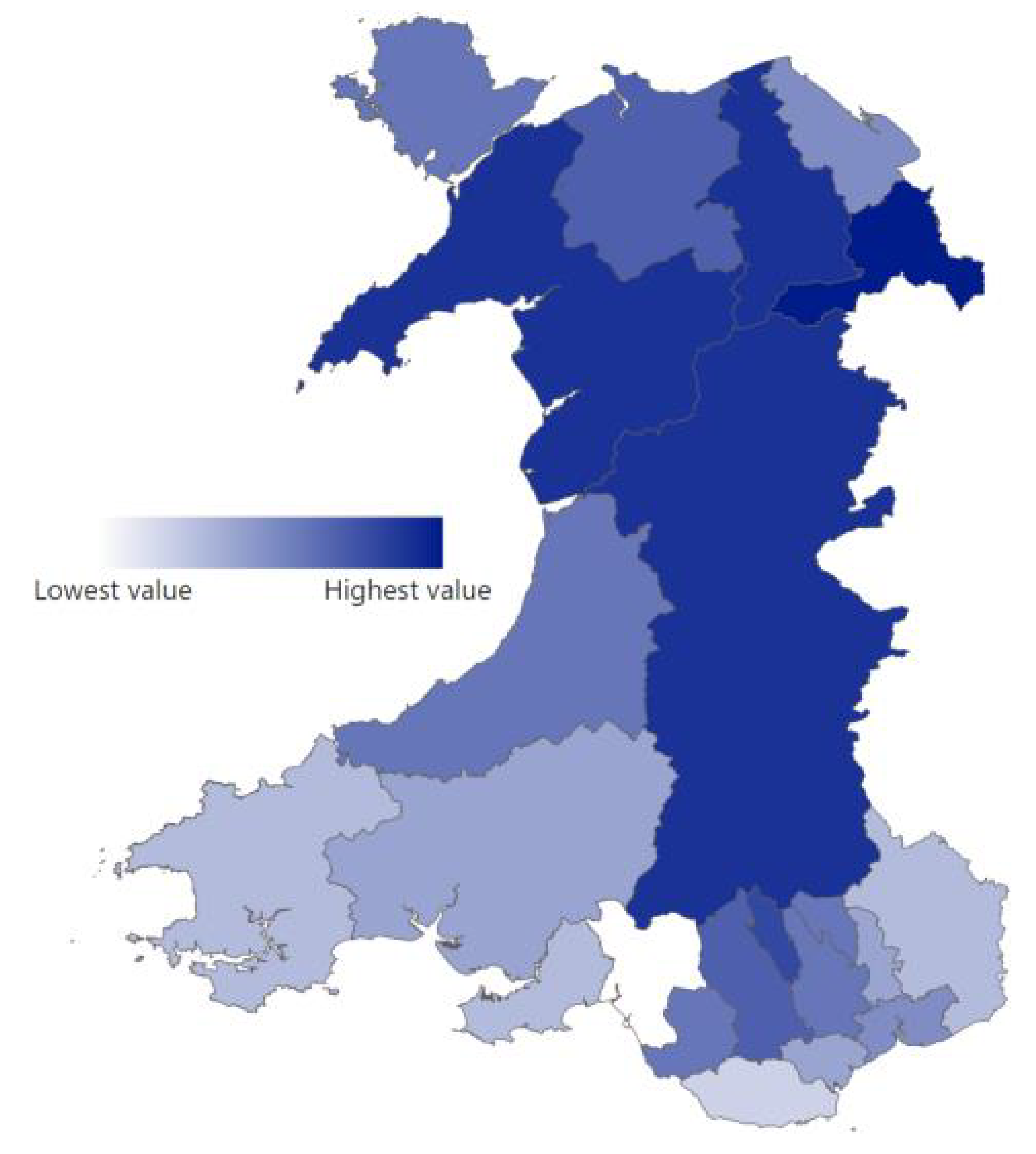 The number of organisations providing social prescribing is highest in the principle area of Wrexham, and the lowest in Neath Port Talbot. Most principle areas have a middling value.