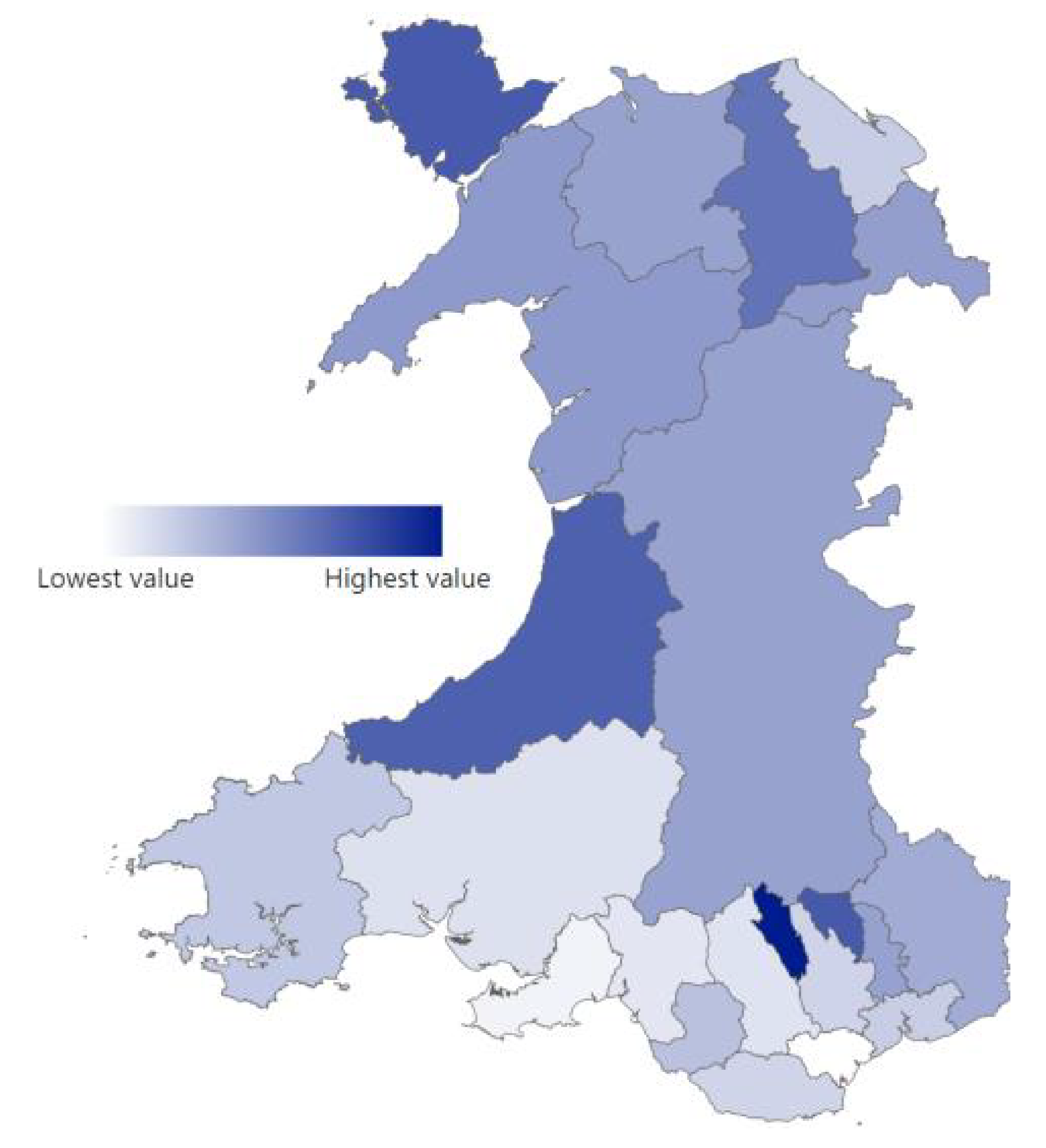 A map showing the number of organisations providing social prescribing in each local authority per 100,000 of the population. The highest value is in the principle area of Merthyr Tydfil, and the lowest is in the principle area of Cardiff.