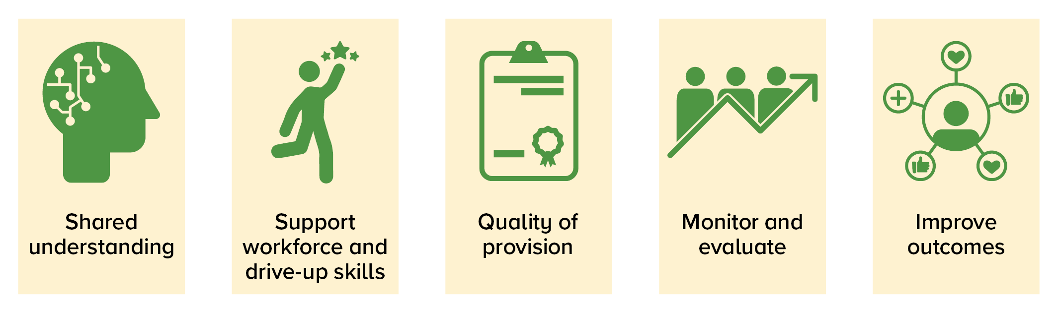 Shared understanding. Support workforce and drive-up skills. Quality of provision. Monitor and evaluate. Improve outcomes.