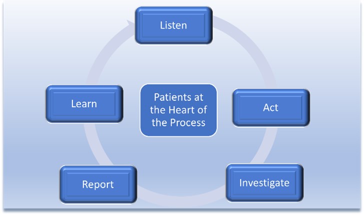 A circular diagram showing the stages of the proposed  model: listen, act, investigate, report, learn. Patients are at the heart of the process.