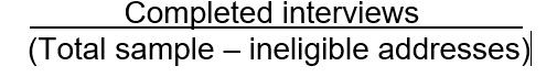 Completed interviews divided by (total sample minus ineligible addresses)