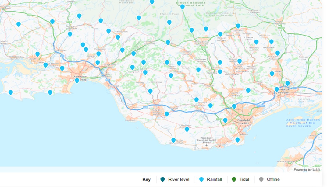 Map showing the locations of NRW rain gauges in South Wales19 