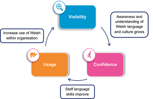 Diagram showing a continuous cycle of improvement, supporting both individual development and organisational change.