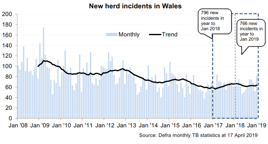 Chart showing the trend in new herd incidents in Wales since 2008. There were 766 new incidents in the 12 months to January 2019, a decrease of 4% compared with the previous 12 months.