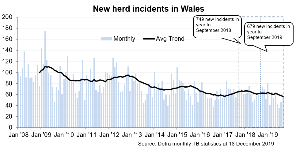 Chart showing the trend in new herd incidents in Wales since 2008. There were 679 new incidents in the 12 months to September 2019, a decrease of 9% compared with the previous 12 months.