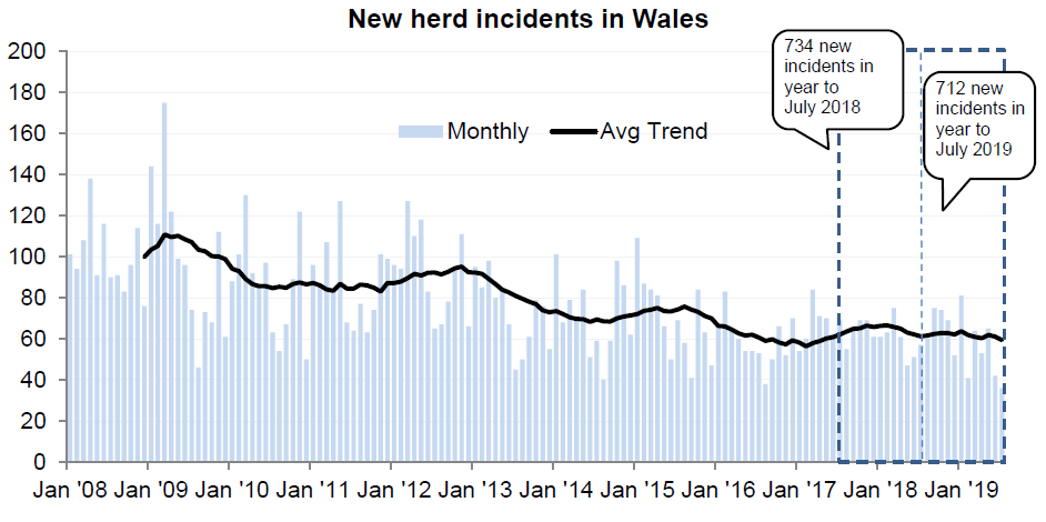 Chart showing the trend in new herd incidents in Wales since 2008. There were 712 new incidents in the 12 months to July 2019, a decrease of 3% compared with the previous 12 months.