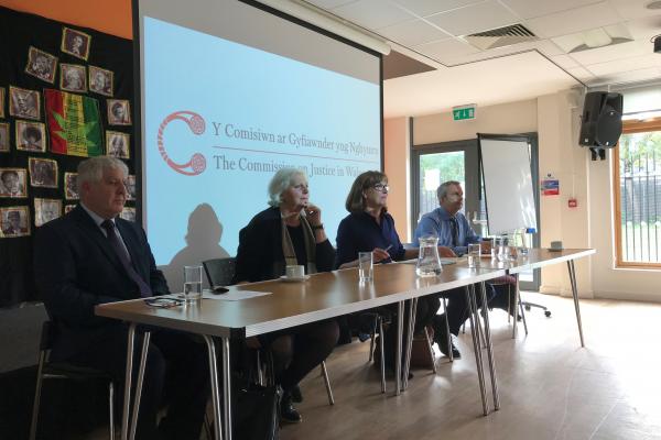  Members of the Commission on Justice in Wales at the event at the Butetown Community Centre in Cardiff. From left; Sir Wyn Williams, Juliet Lyon, Sarah Payne and Peter Vaughan